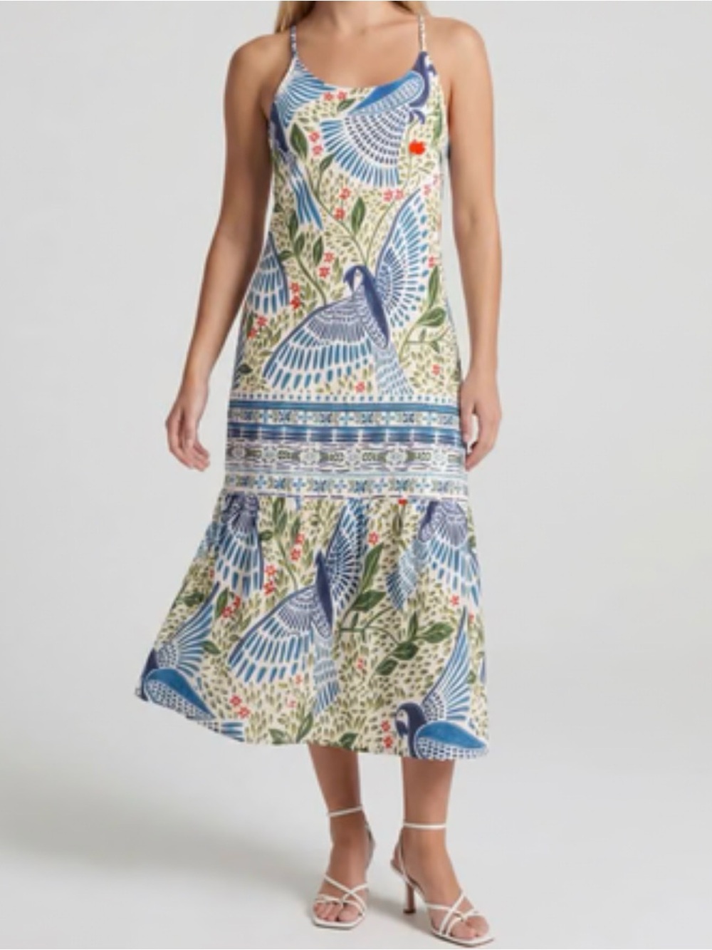 Tropical Bird Botanical Print Tiered Maxi Dress Resort Boho NWT - Picture 3 of 5